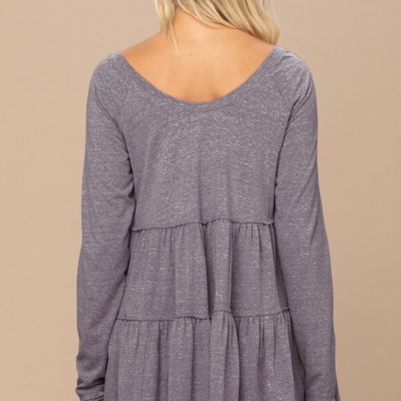 Charcoal Grey Babydoll Tiered Long Sleeve Top - Picture 2 of 4